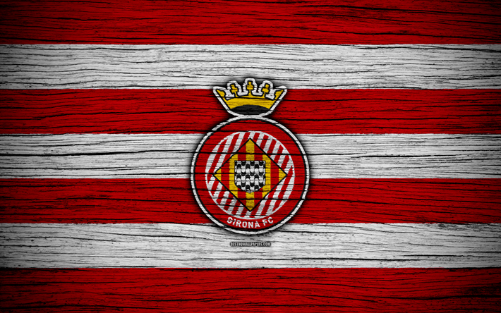 FC Girona, 4k, Spain, LaLiga, wooden texture, soccer, Girona, football club, La Liga, Girona FC
