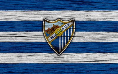 FC Malaga, 4k, Spain, LaLiga, wooden texture, soccer, Malaga, football club, La Liga, Malaga FC