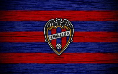 FC Levante, 4k, Spain, LaLiga, wooden texture, soccer, Levante, football club, La Liga, Levante FC