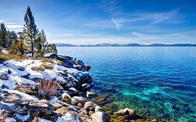 Lake Tahoe, 4k, dağ, g&#246;l, kış, sahil, Emerald Bay State Park, USA, California, ABD