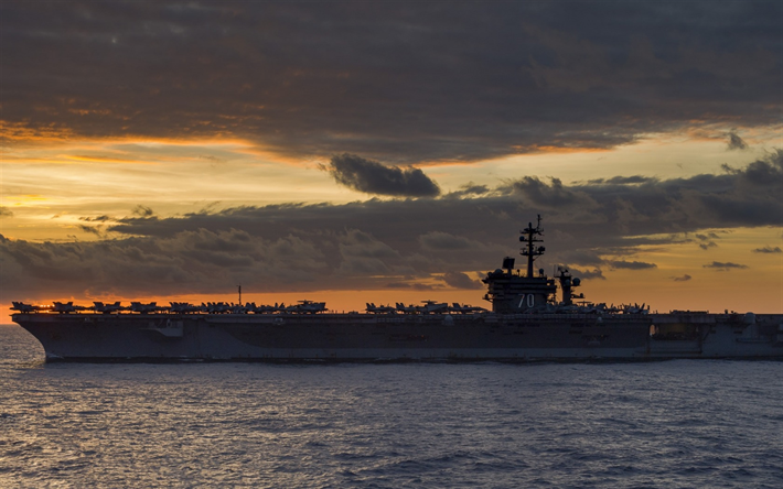 USS Carl Vinson, CVN-70, ocean, sunrise, nuclear aircraft carrier, US Navy, Nimitz class, USA, American warships