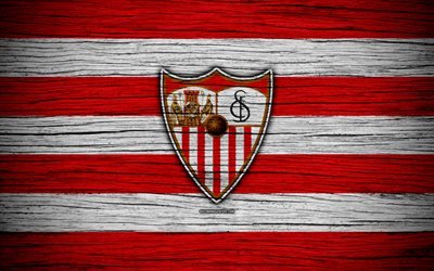 FC Sevilla, 4k, Spain, LaLiga, wooden texture, soccer, Sevilla, football club, La Liga, Sevilla FC