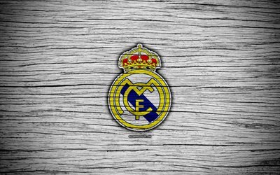 FC Real Madrid, 4k, Spain, LaLiga, wooden texture, soccer, Real Madrid, football club, La Liga, Real Madrid FC