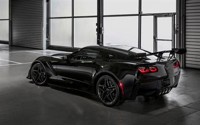 Chevrolet Corvette ZR-1, 2019, siyah, spor araba, Amerikan otomobil, dikiz, siyah jantlar, d&#246;rt egzoz borusu, 4k, siyah Corvette, tuning, Chevrolet