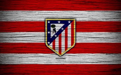 FC Atletico Madrid, 4k, Spain, LaLiga, wooden texture, soccer, Atletico Madrid, football club, La Liga, Atletico Madrid FC