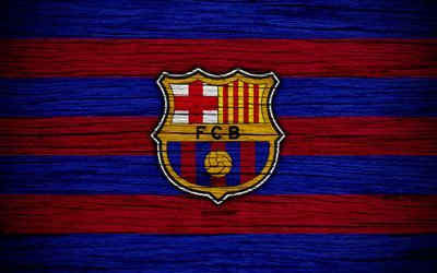 FC Barcelona, 4k, Spain, LaLiga, wooden texture, Barca, soccer, Barcelona, football club, La Liga, Barcelona FC