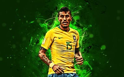 Paulinho, green background, Brazil National Team, close-up, football, soccer, Jose Paulo Bezerra Maciel Junior, midfielder, neon lights, Brazilian football team