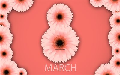 8 de marzo, fondo p&#250;rpura, Feliz D&#237;a de la Mujer, primavera, rosa crisantemo, rosa flores de la primavera, el 8 de Marzo de tarjeta de felicitaci&#243;n