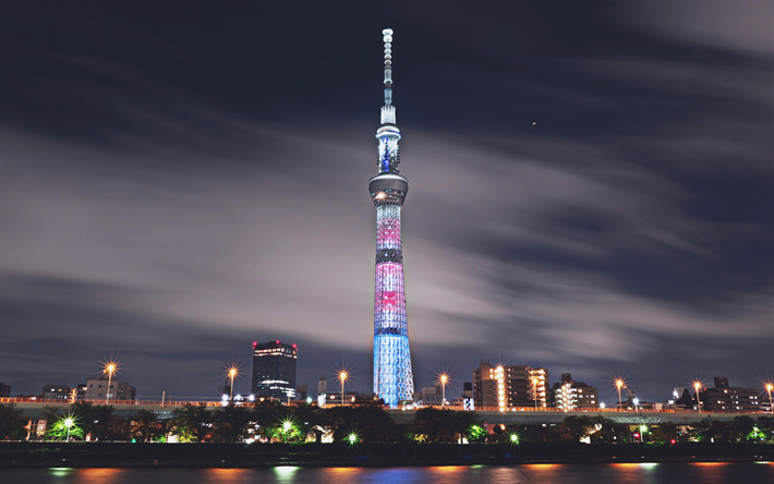 4k, Tokyo Tower, natt, stadsbilder, TV-tornet, Nippon Television City, Tokyo, Japan, Asien