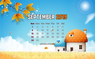 September 2019 Calendar, 4k, autumn landscape, 2019 calendar, cartoon landscape, September 2019, abstract art, Calendar September 2019, artwork, 2019 calendars