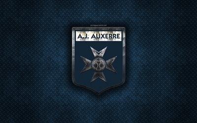 2 AJ Auxerre, Fransız Futbol Kul&#252;b&#252;, mavi metal doku, metal logo, amblem, Auxerre, Fransa, İzle, yaratıcı sanat, futbol