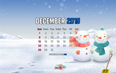 December 2019 Calendar, 4k, winter landscape, 2019 calendar, snowmen, December 2019, abstract art, Calendar December 2019, artwork, 2019 calendars