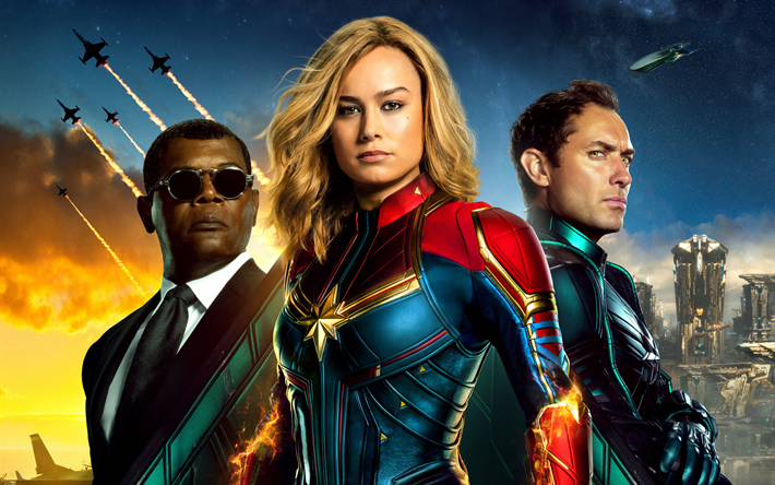 Captain Marvel, 2019, 4k, de la promo, tous les personnages principaux, Brie Larson, David Jude Heyworth Droit, Samuel Leroy Jackson