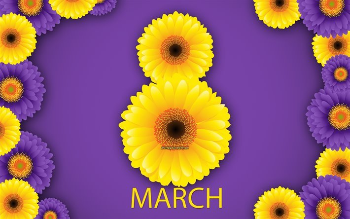 Le 8 mars, de chrysanth&#232;mes jaunes, fond mauve, fleurs jaunes, Heureux de la Journ&#233;e de la Femme, le printemps, le 8 Mars concepts, Mars 8 carte de voeux