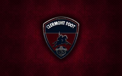 Clermont Foot 63, Ranskan football club, viininpunainen metalli tekstuuri, metalli-logo, tunnus, Clermont-Ferrand, Ranska, League 2, creative art, jalkapallo