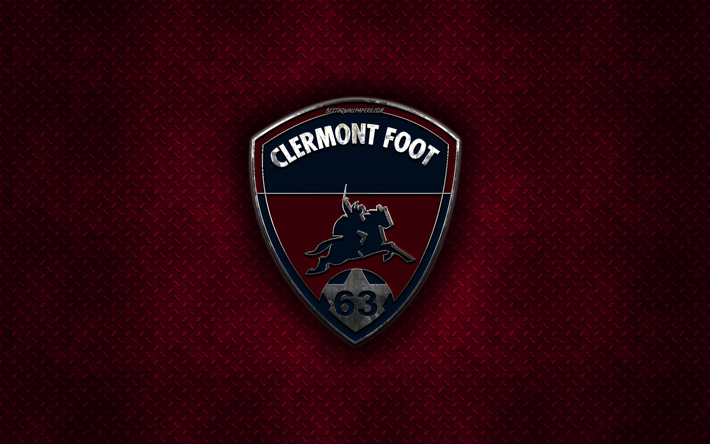Clermont Foot 63, French football club, burgundy metal texture, metal logo, emblem, Clermont-Ferrand, France, Ligue 2, creative art, football