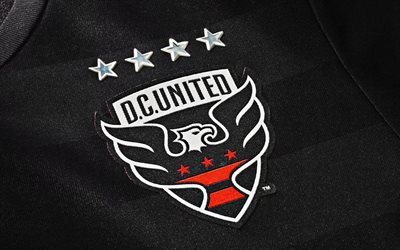 DC United, American soccer club, Washington, USA, emblem on a black background, logo, MLS, football, black texture