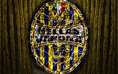 Hellas Verona, scorched logo, Serie B, yellow wooden background, italian football club, Hellas Verona FC, grunge, football, soccer, Hellas Verona logo, fire texture, Italy