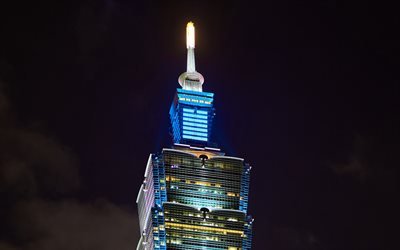4k, Taipei 101, l&#228;hikuva, nightscapes, pilvenpiirt&#228;ji&#228;, y&#246; kaupunki, moderneja rakennuksia, Taiwan, Kiina, Aasiassa