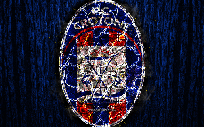 FC Crotone, br&#251;l&#233;e logo, Serie B, bleu, en bois, fond, italien, club de football, grunge, de football, de soccer, de Crotone logo, le feu de la texture, Italie
