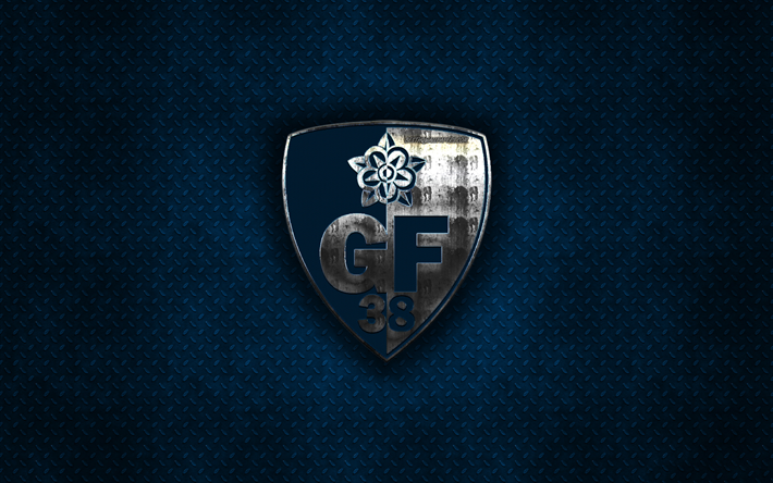 Grenoble Foot 38, club fran&#231;ais de football, bleu m&#233;tal, texture, en m&#233;tal, logo, embl&#232;me, Grenobble, France, Ligue 2, art cr&#233;atif, football