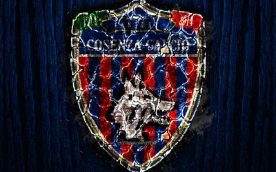 Cosenza Calcio, scorched logo, Serie B, blue wooden background, italian football club, Cosenza FC, grunge, football, soccer, Cosenza logo, fire texture, Italy
