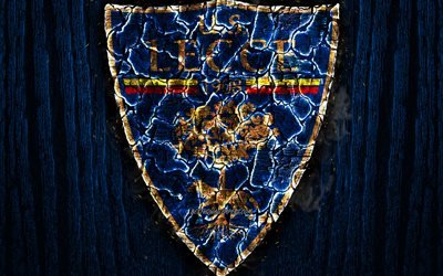 US Lecce, arrasada logotipo, Serie B, de madeira azul de fundo, italiano de futebol do clube, Lecce FC, grunge, futebol, Lecce logotipo, fogo textura, It&#225;lia
