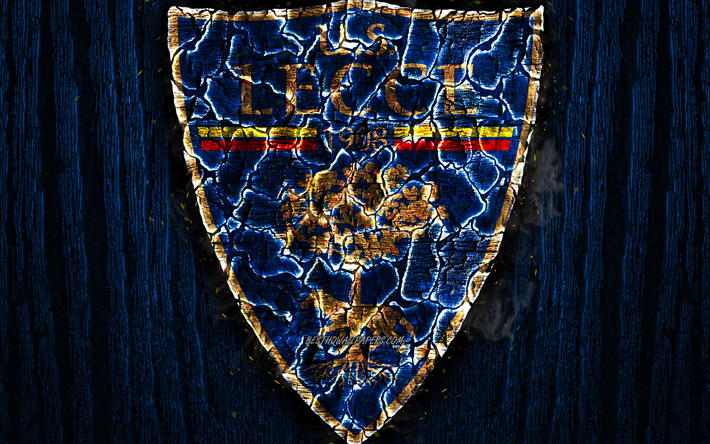 US Lecce, scorched logo, Serie B, blue wooden background, italian football club, Lecce FC, grunge, football, soccer, Lecce logo, fire texture, Italy
