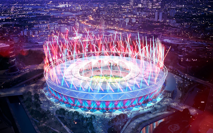 London Stadium, aerial view, fireworks, night, english stadiums, West Ham United Stadium, football stadium, London, England, United Kingdom, West Ham United FC, London Olympic Stadium