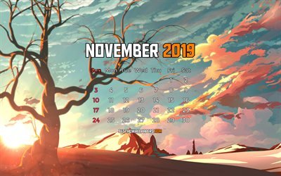 تشرين الثاني / نوفمبر 2019 التقويم, 4k, المناظر الطبيعية الخريف, 2019 التقويم, الأشجار, الكرتون المناظر الطبيعية, تشرين الثاني / نوفمبر 2019, الفن التجريدي, التقويم تشرين الثاني / نوفمبر 2019, العمل الفني, 2019 التقويمات
