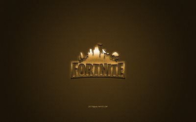 Fortnite, popular game, Fortnite gold logo, gold carbon fiber background, Fortnite logo, Fortnite emblem