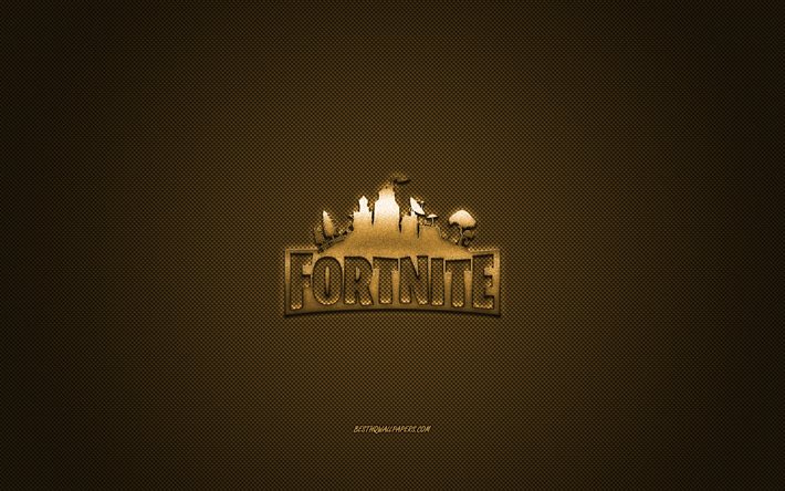 Fortnite, popul&#228;rt spel, Fortnite guld logotyp, guld kolfiber bakgrund, Fortnite logotyp, Fortnite emblem