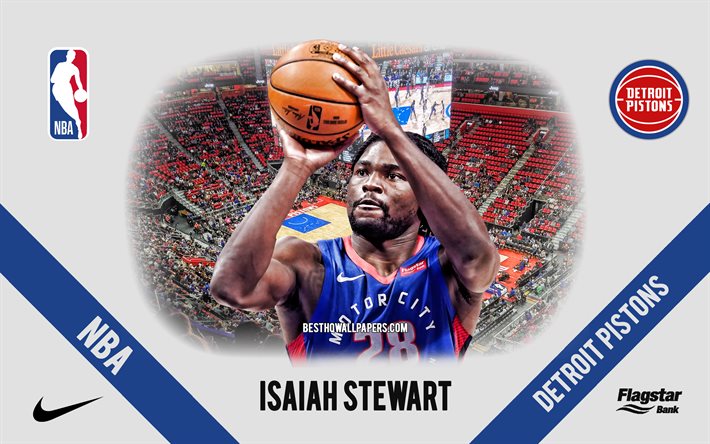 Isaiah Stewart, Detroit Pistons, amerikkalainen koripallopelaaja, NBA, muotokuva, USA, koripallo, Little Caesars Arena, Detroit Pistons -logo