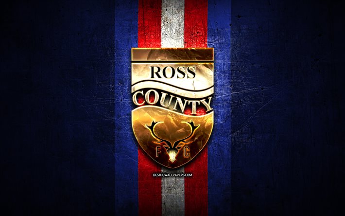 Ross County FC, golden logo, Scottish Premiership, blue metal background, football, scottish football club, Ross County logo, soccer, FC Ross County