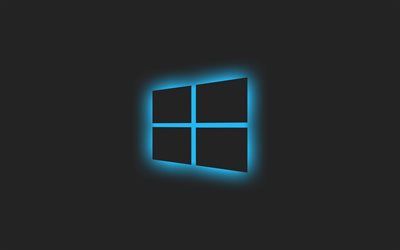 Blue Windows logo, gray background, Windows blue light logo, Windows blue emblem, Windows, minimalism, Windows logo