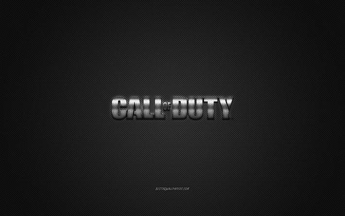 Call of Duty, gioco popolare, logo argento Call of Duty, sfondo grigio in fibra di carbonio, logo Call of Duty, emblema Call of Duty