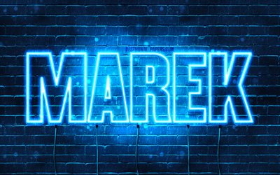 Marek, 4k, wallpapers with names, Marek name, blue neon lights, Happy Birthday Marek, popular polish male names, picture with Marek name