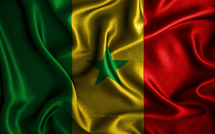 Senegalesiska flaggan, 4k, v&#229;giga sidenflaggor, afrikanska l&#228;nder, nationella symboler, Senegals flagga, tygflaggor, 3D-konst, Senegal, Afrika, Senegals 3D-flagga