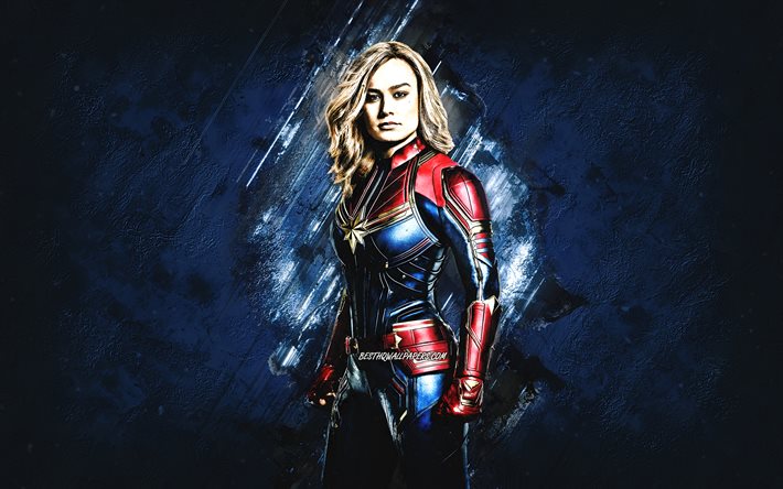 Captain Marvel, supereroe, sfondo di pietra blu, personaggio dei fumetti Marvel, Carol Danvers, personaggio di Captain Marvel, Brie Larson