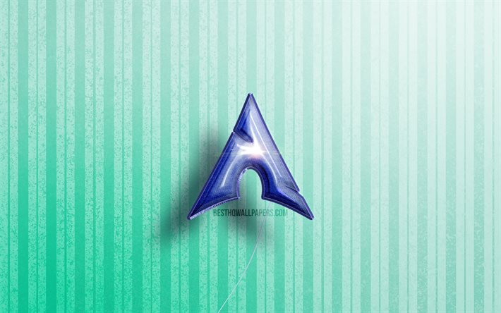 4k, logo Manjaro 3D, palloncini blu realistici, sistema operativo, logo Manjaro, Linux, sfondi in legno blu, Manjaro