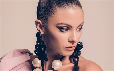 Carmella Rose, American fashion model, portrait, makeup, Photoshoot, Big Black Knitted Earrings