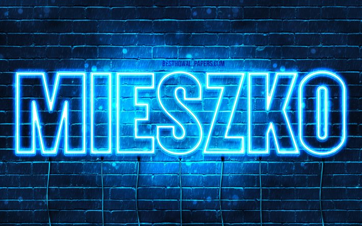 Mieszko, 4k, sfondi con nomi, nome Mieszko, luci al neon blu, buon compleanno Mieszko, nomi maschili polacchi popolari, immagine con nome Mieszko