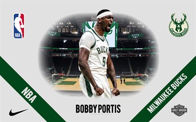 Bobby Portis, Milwaukee Bucks, jugador de baloncesto estadounidense, NBA, retrato, EE UU, Baloncesto, Fiserv Forum, logotipo de los Milwaukee Bucks