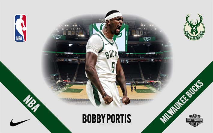Bobby Portis, Milwaukee Bucks, American Basketball Player, NBA, portrait, USA, basketball, Fiserv Forum, Milwaukee Bucks logo