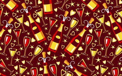 festive red texture, 4k, background with champagne bottles, holiday texture, background with champagne, cartoon champagne pattern, cartoon champagne texture