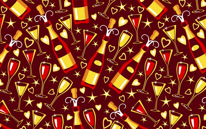 お祝いの赤いテクスチャ, 4k, シャンパンボトルの背景, 休日のテクスチャ, シャンパンと背景, 漫画のシャンパンパターン, 漫画のシャンパンの質感