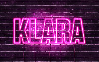 Klara, 4k, fonds d&#39;&#233;cran avec noms, pr&#233;noms f&#233;minins, nom Klara, n&#233;ons violets, joyeux anniversaire Klara, pr&#233;noms f&#233;minins polonais populaires, photo avec le nom Klara