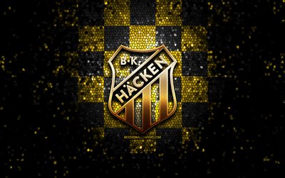Hacken FC, logo glitter, Allsvenskan, sfondo a scacchi nero giallo, calcio, squadra di calcio svedese, logo Hacken, arte del mosaico, BK Hacken