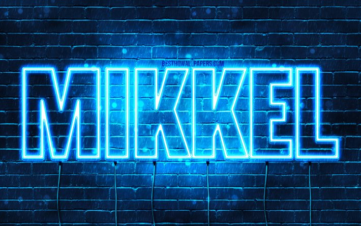 Mikkel, 4k, fonds d&#39;&#233;cran avec des noms, nom de Mikkel, n&#233;ons bleus, joyeux anniversaire Mikkel, noms masculins danois populaires, photo avec le nom de Mikkel