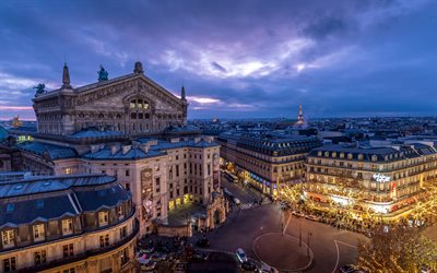 Grand Opera, Paris, Palais Garnier, Garnier Palace, Paris panorama, evening, sunset, Eiffel Tower, Paris cityscape, France